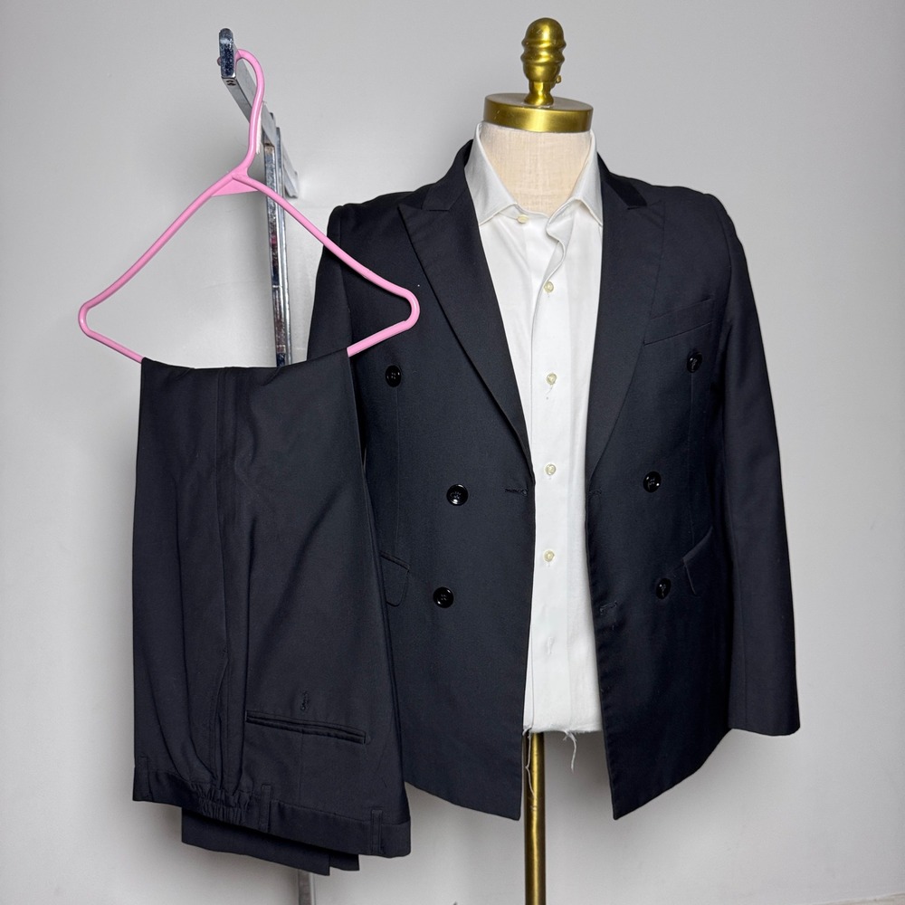 Lamgool Suit Set Kids 16Y 31W Black Solid Double Breasted Peak Lapel Formal